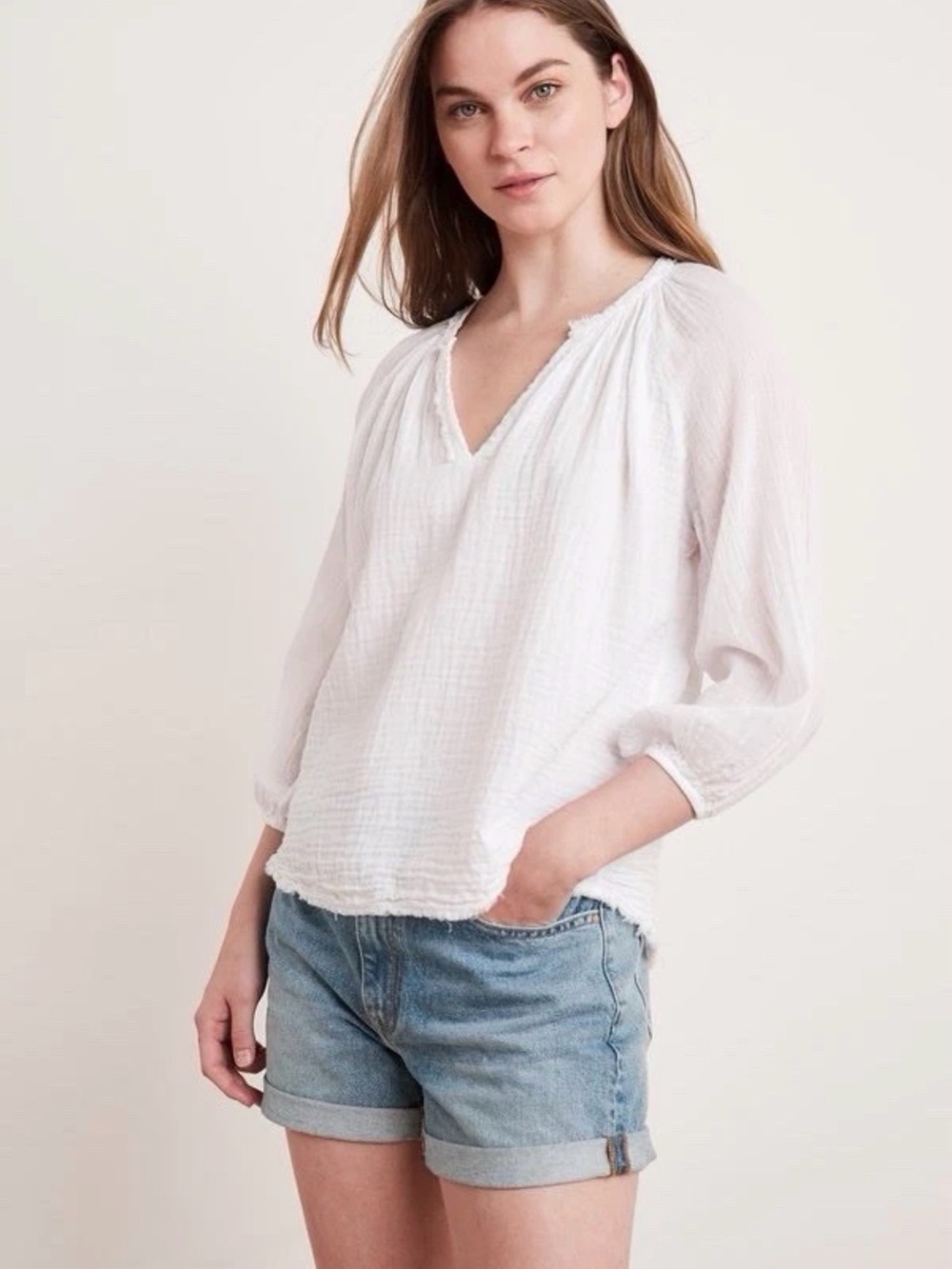 Women’s White Gauze V-Neck Peasant Top